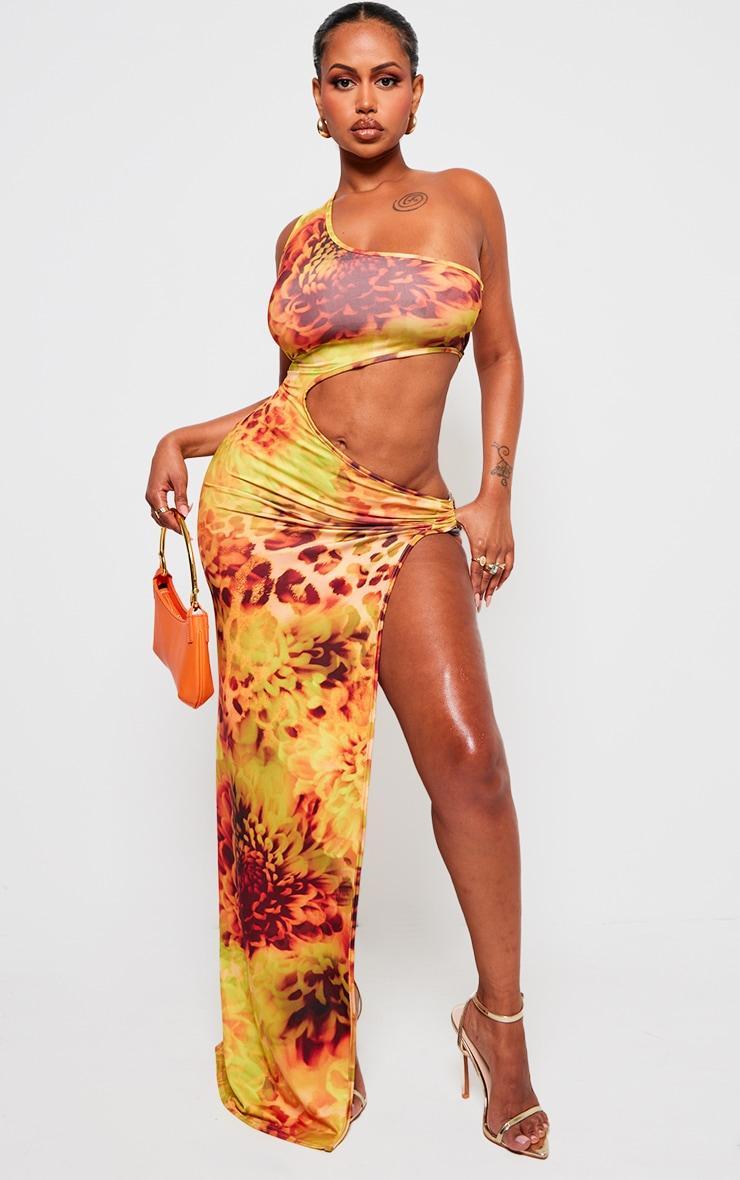 Shape Orange Animal Printed Slinky Cut Out Ring Detail Maxi Dress Product Image