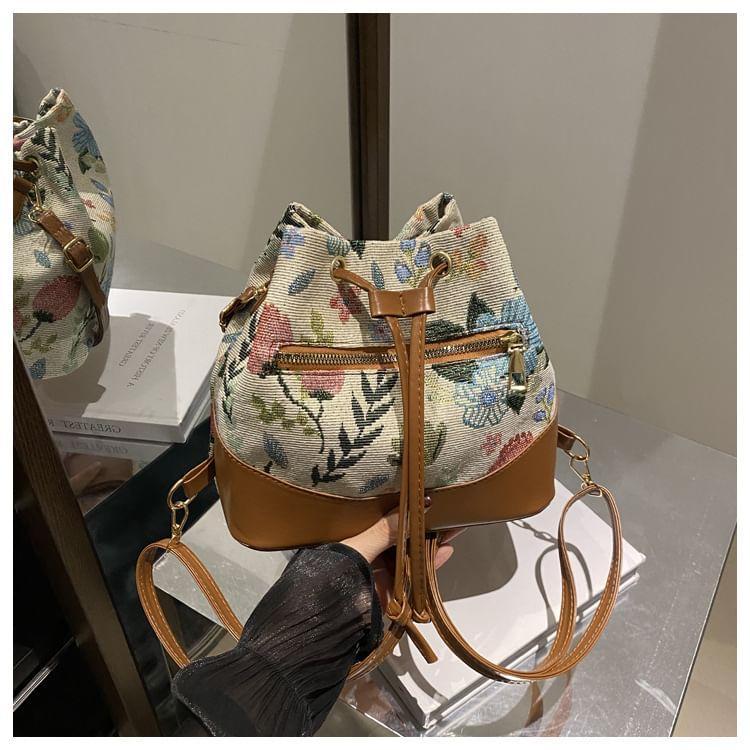 Floral Jacquard Faux Leather Panel Drawstring Backpack Product Image