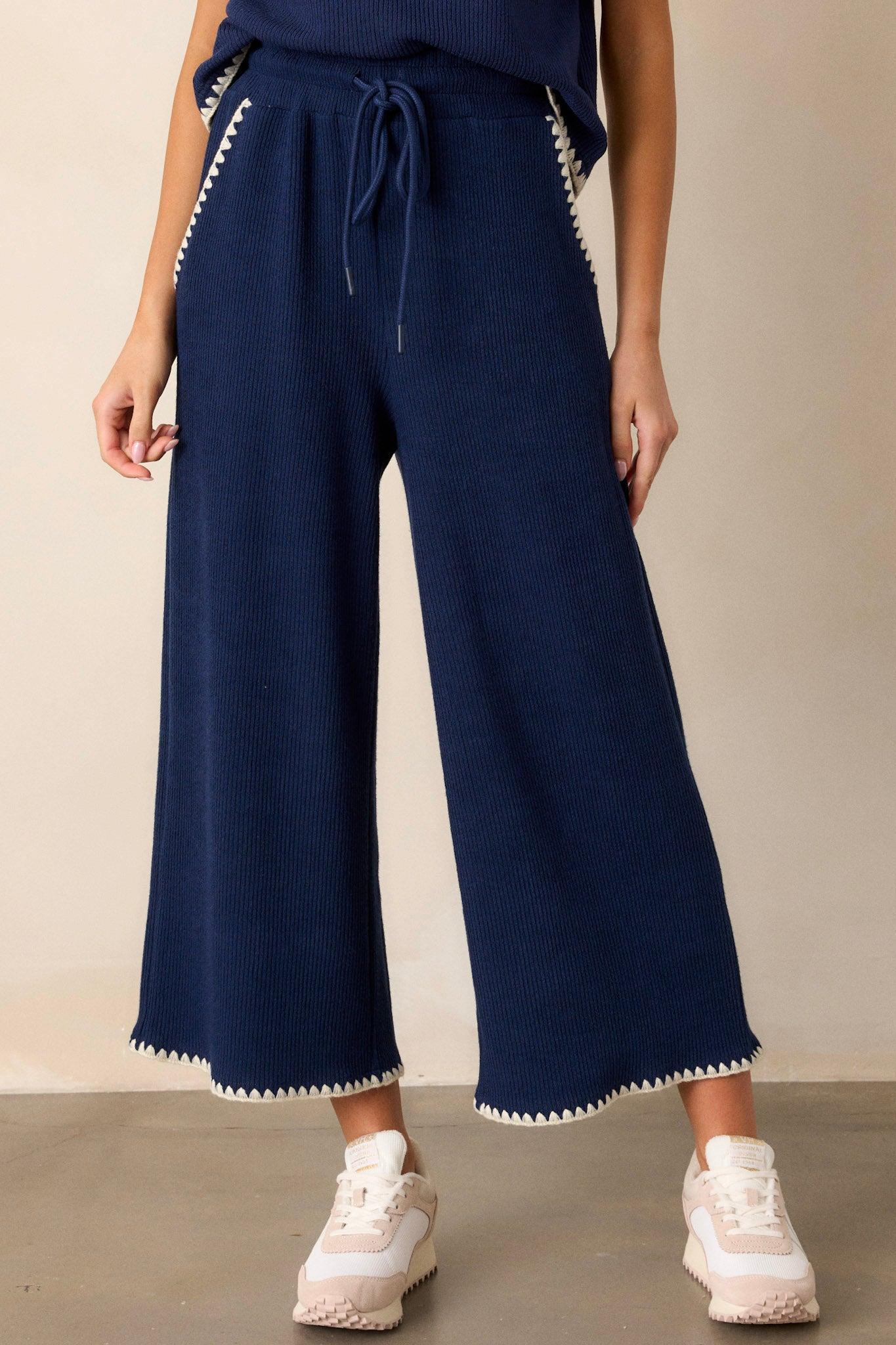 Anytime Now Navy Blanket Stitch Wide Leg Pants Product Image