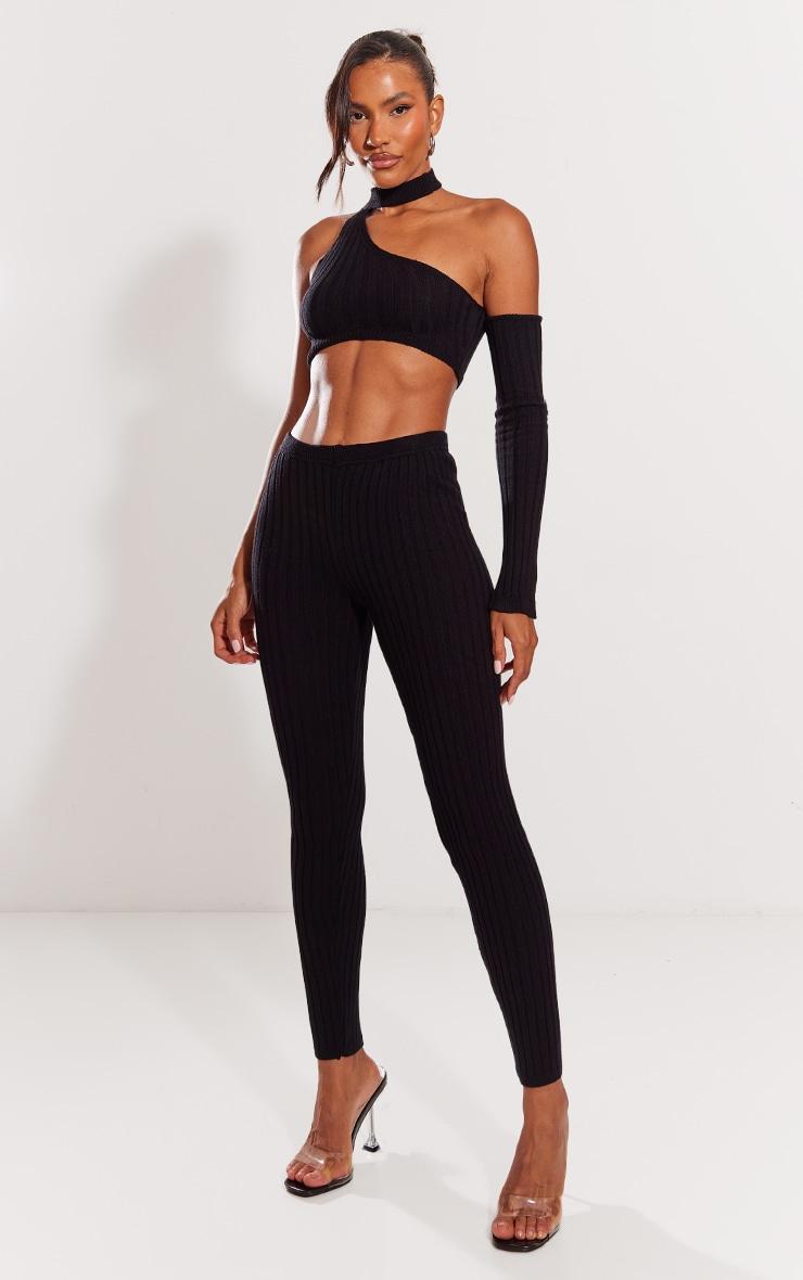 Black Rib Knit One Sleeve Top & Leggings Set product image