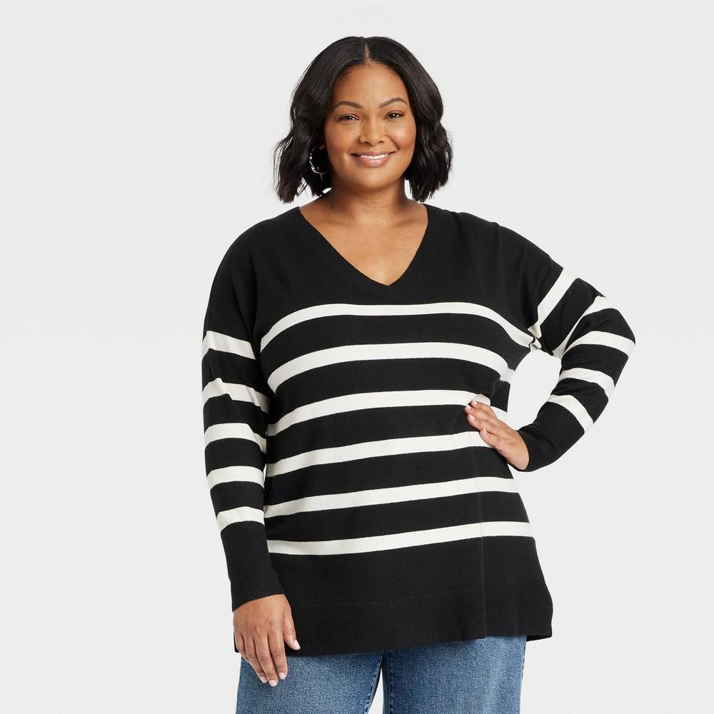 Womens Cozy Knit V-Neck Tunic Pullover Sweater - Ava & Viv Black Striped XXL Product Image