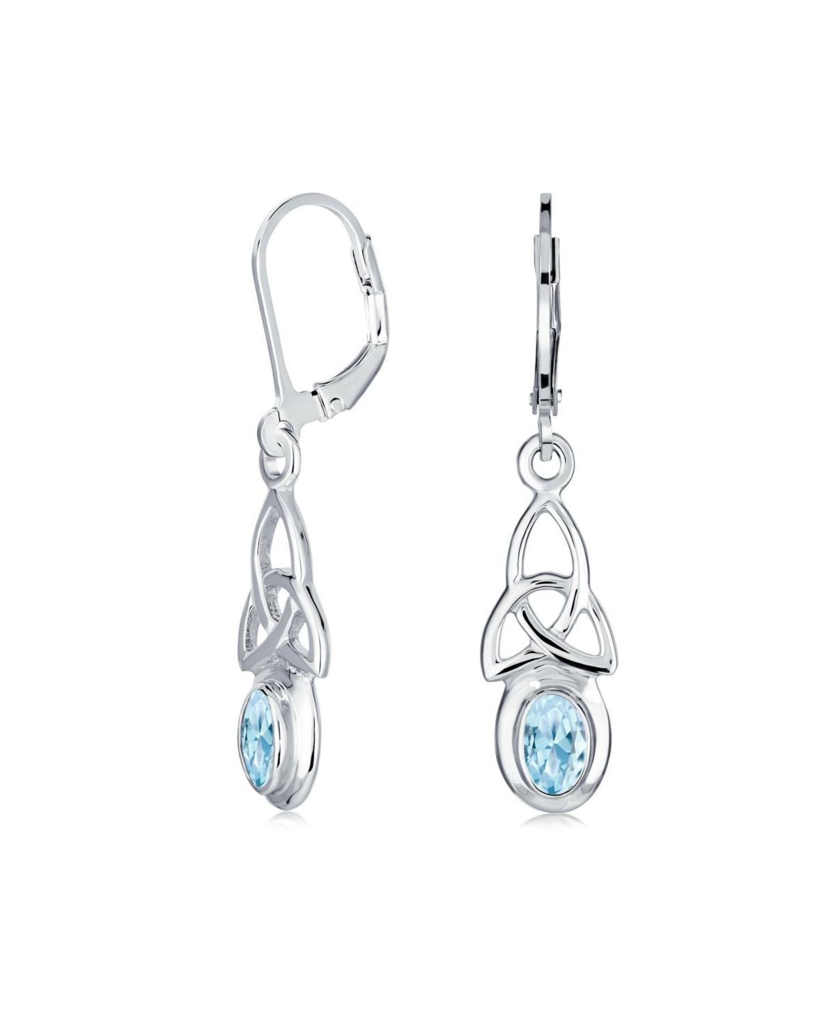 Bling Jewelry Irish Love Knot Oval Bezel Set Natural Blue Topaz Dangle Celtic Knot Earrings For Women Sterling Silver Lever Back Product Image