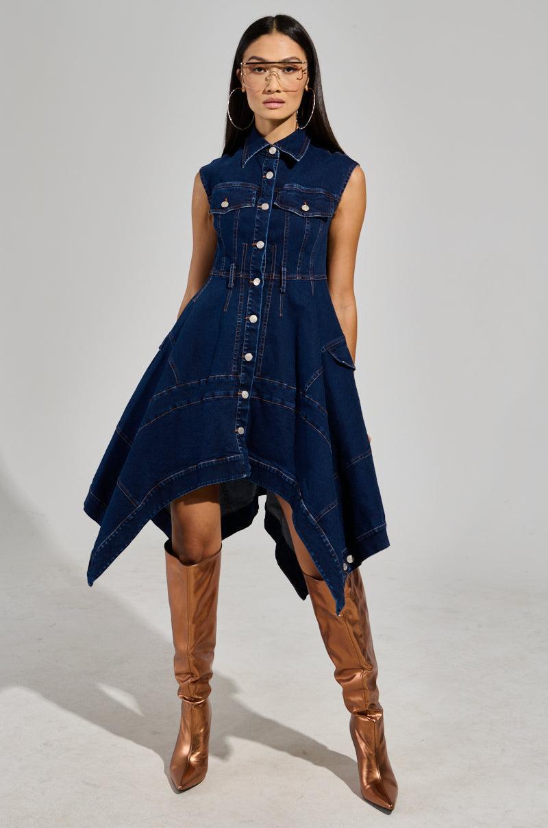 WINONA CAP SLEEVE BUTTON DOWN DENIM MIDI DRESS IN DARK BLUE Product Image