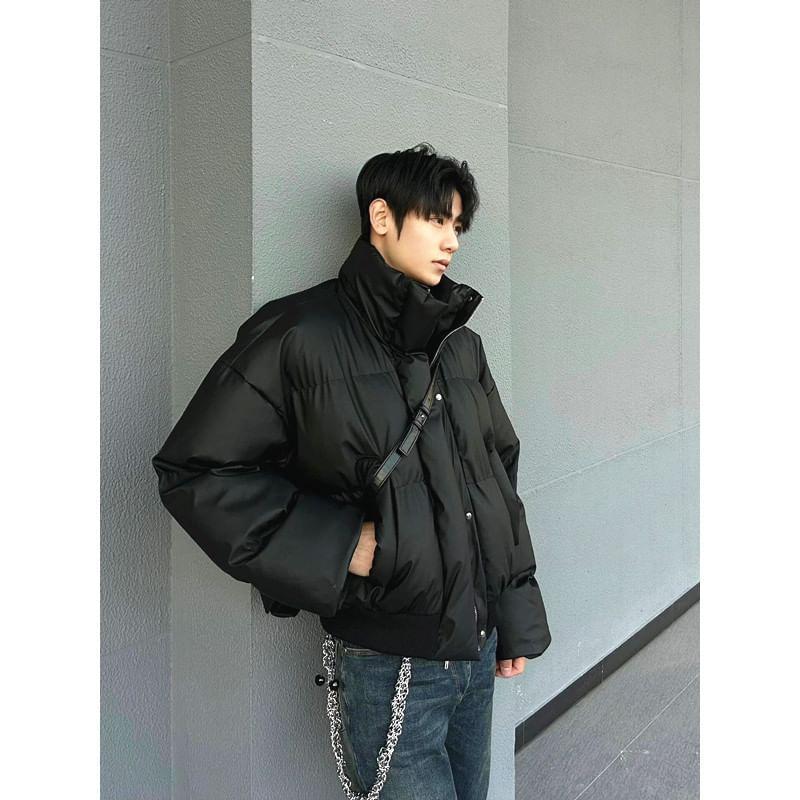 Stand Collar Plain Zip-Up Crop Puffer Jacket Product Image