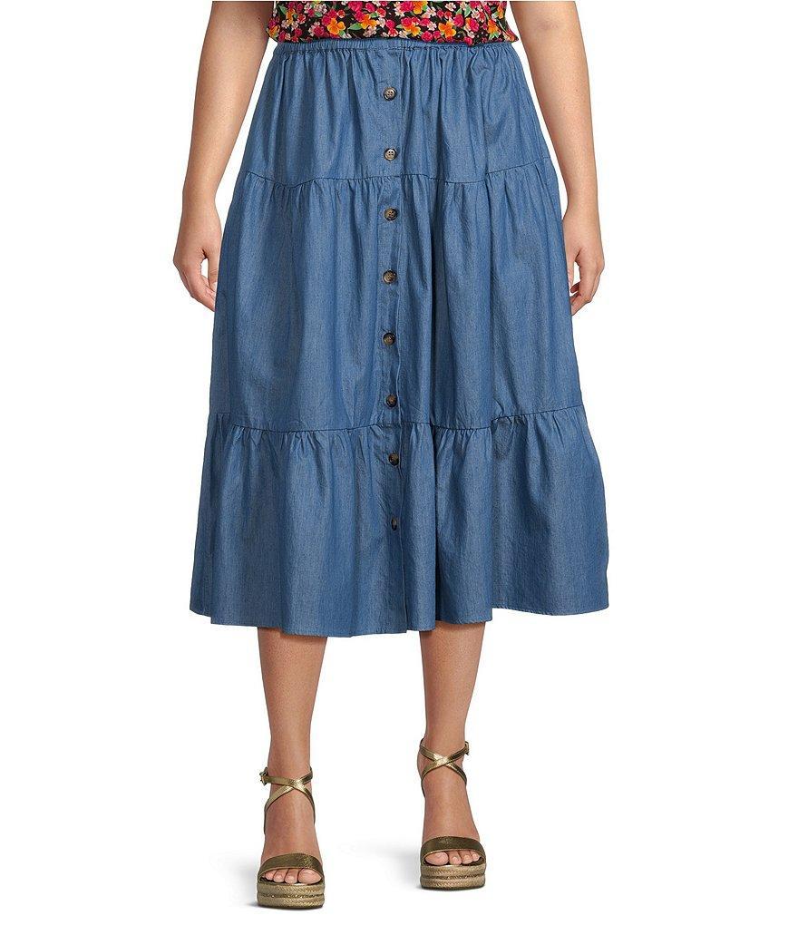 Calessa Plus Size Cotton Tiered Button-Front Skirt Product Image