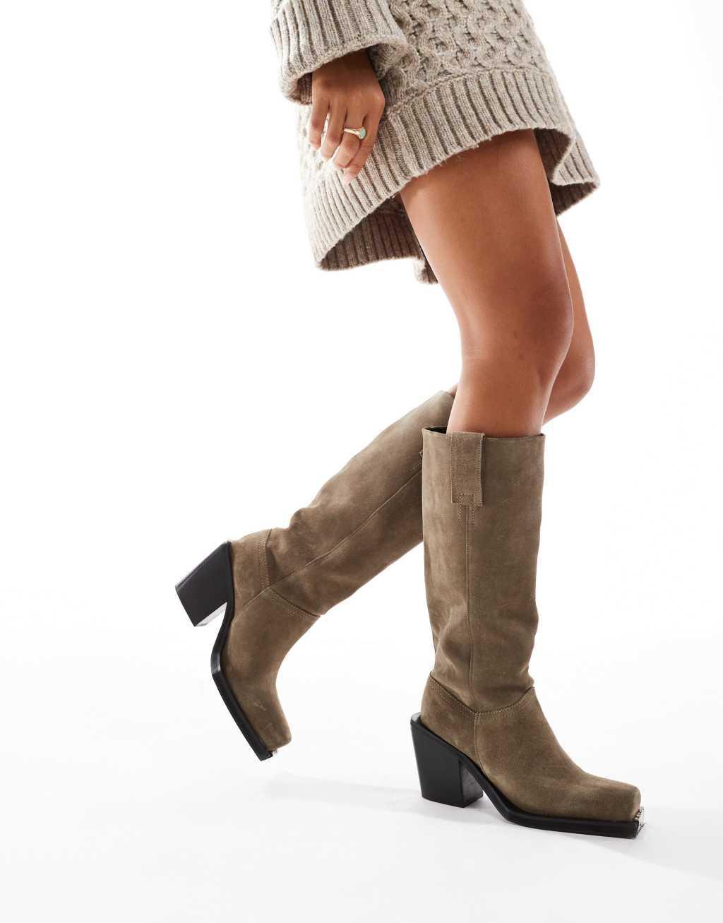 ASOS DESIGN Celia leather western pull on boots in taupe suede Product Image