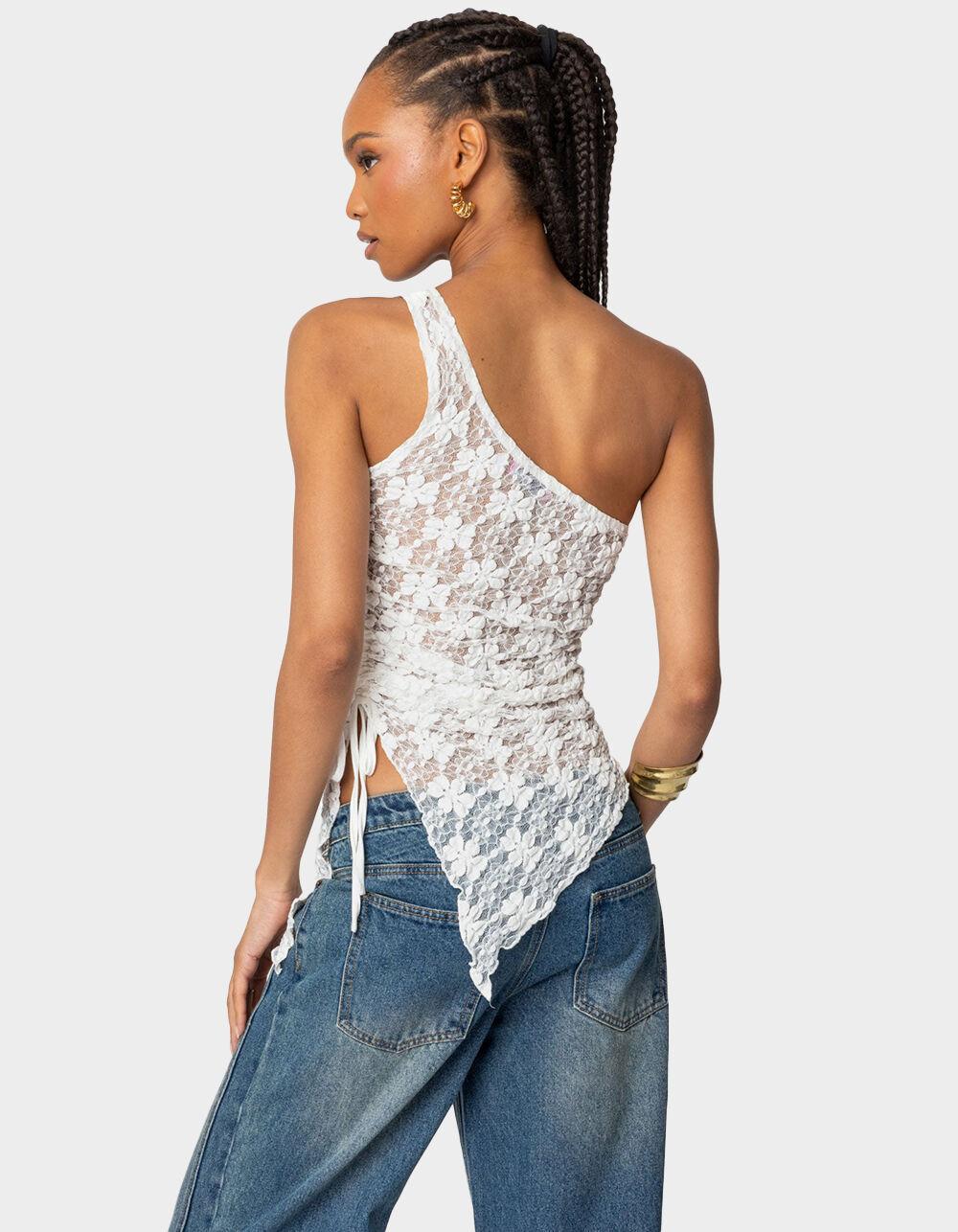 EDIKTED Lacey Sheer Asymmetric Drawstring Top Product Image