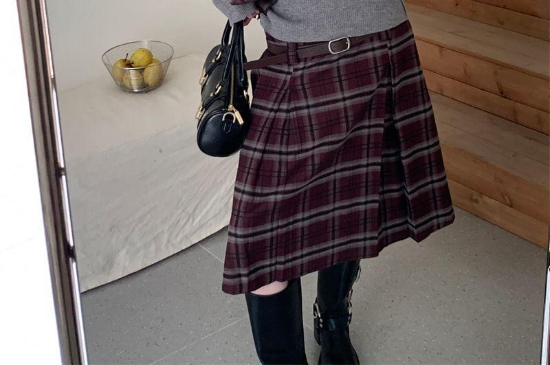 Low Rise Plaid A-Line Skirt / Long-Sleeve Turtleneck Plain Crop Knit Top / Tank Top / Scarf / Set Product Image