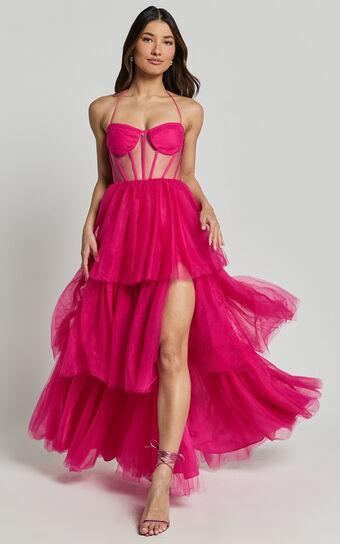 Ariel Maxi Dress - Tiered Tulle Bustier Halter Dress in Hot Pink Product Image