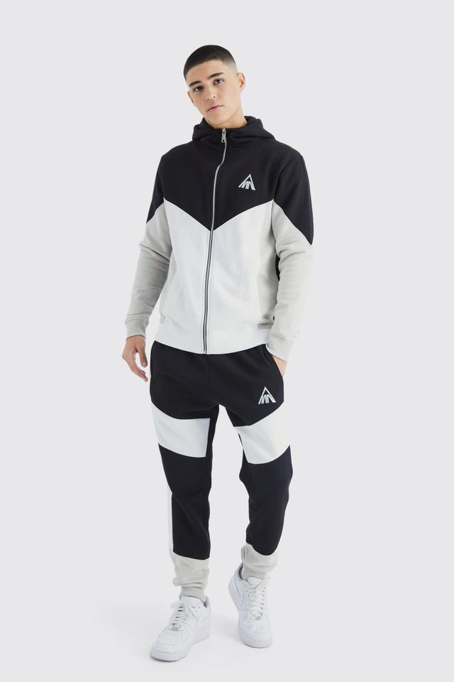 Man Slim Funnel Hooded Colour Block Tracksuit | boohooMAN USA Product Image