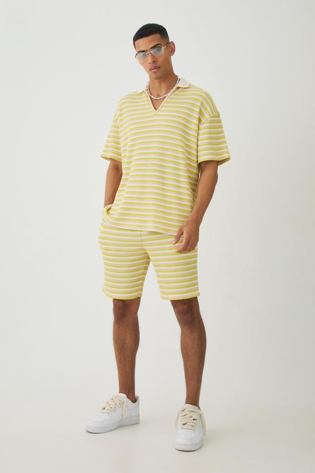 Deep V Revere Textured Stripe Polo Shirt & Shorts Set | boohooMAN USA Product Image