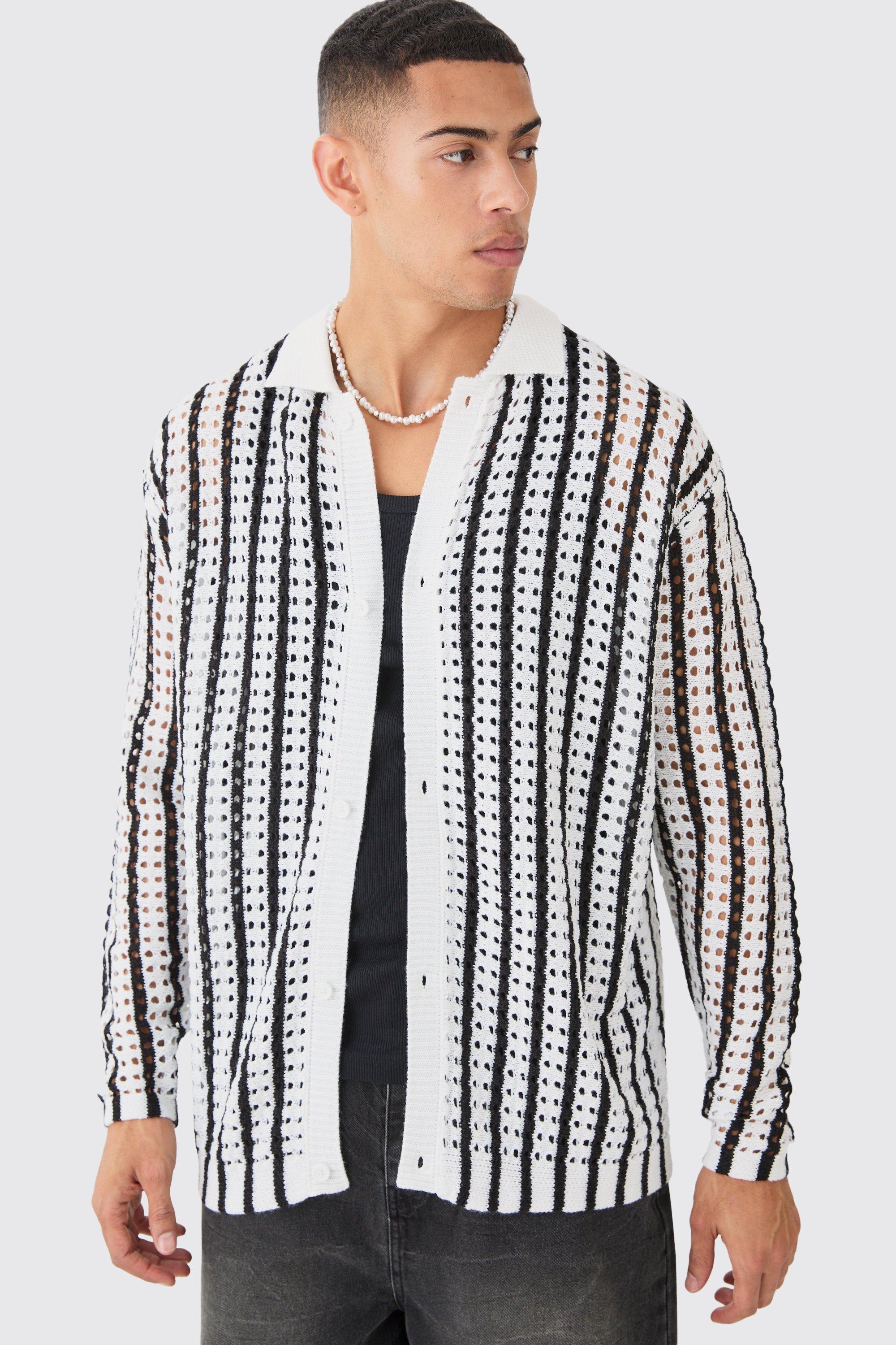 Oversized Crochet Long Sleeve Stripe Shirt In Ecru | boohooMAN USA Product Image