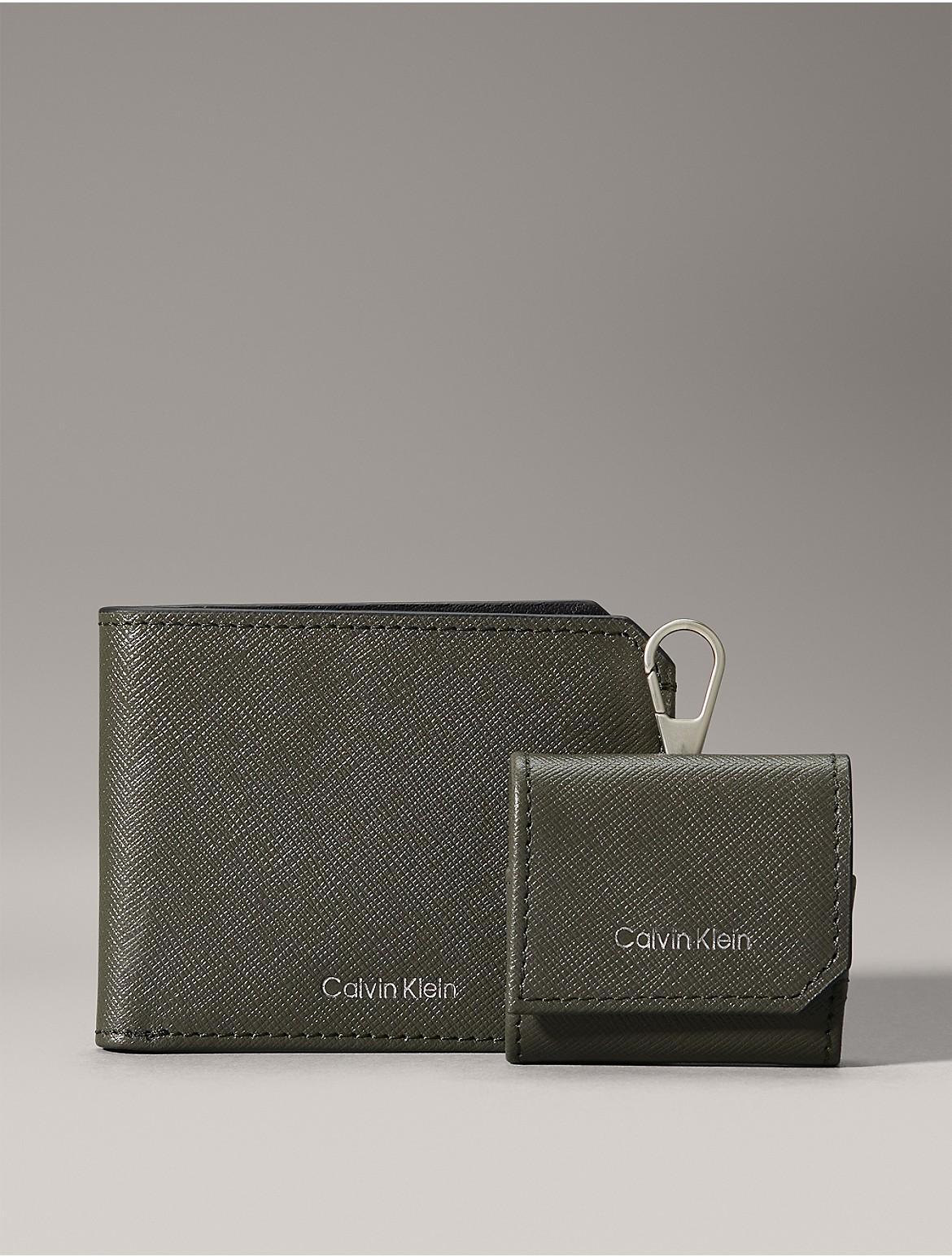 Calvin Klein Mens Refined Saffiano Leather Bifold Wallet + Airpods Case Gift Set - Brown Product Image