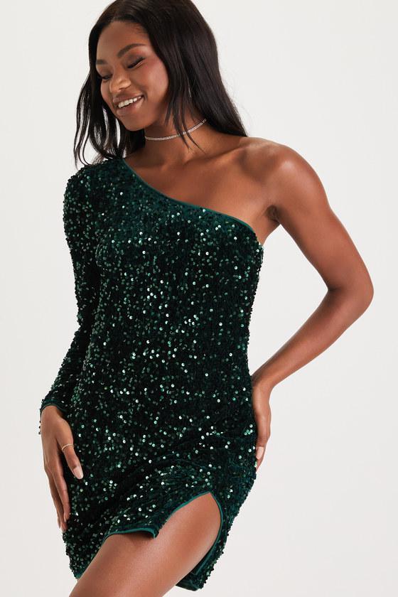 Flawless Shine Emerald Green Sequin One-Shoulder Mini Dress Product Image