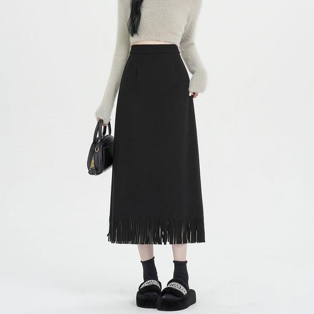 High Rise Plain Fringed Midi A-Line Skirt Product Image