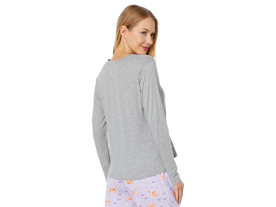 Karen Neuburger Petite Long Sleeve Split-Neck Tee PJ Set (Grey/Kitty) Women's Pajama Sets Product Image