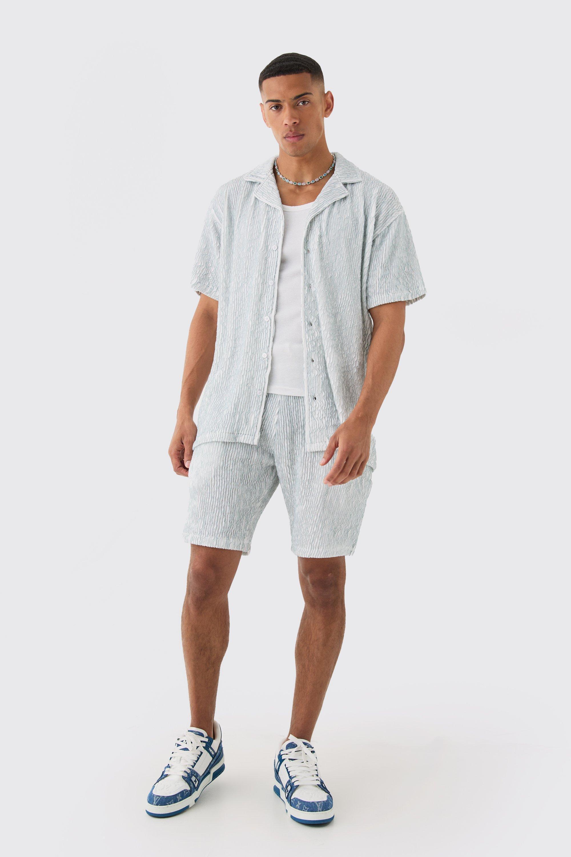 Two Tone Oversized Ripple Pleated Shirt And Short Set | boohooMAN USA Product Image