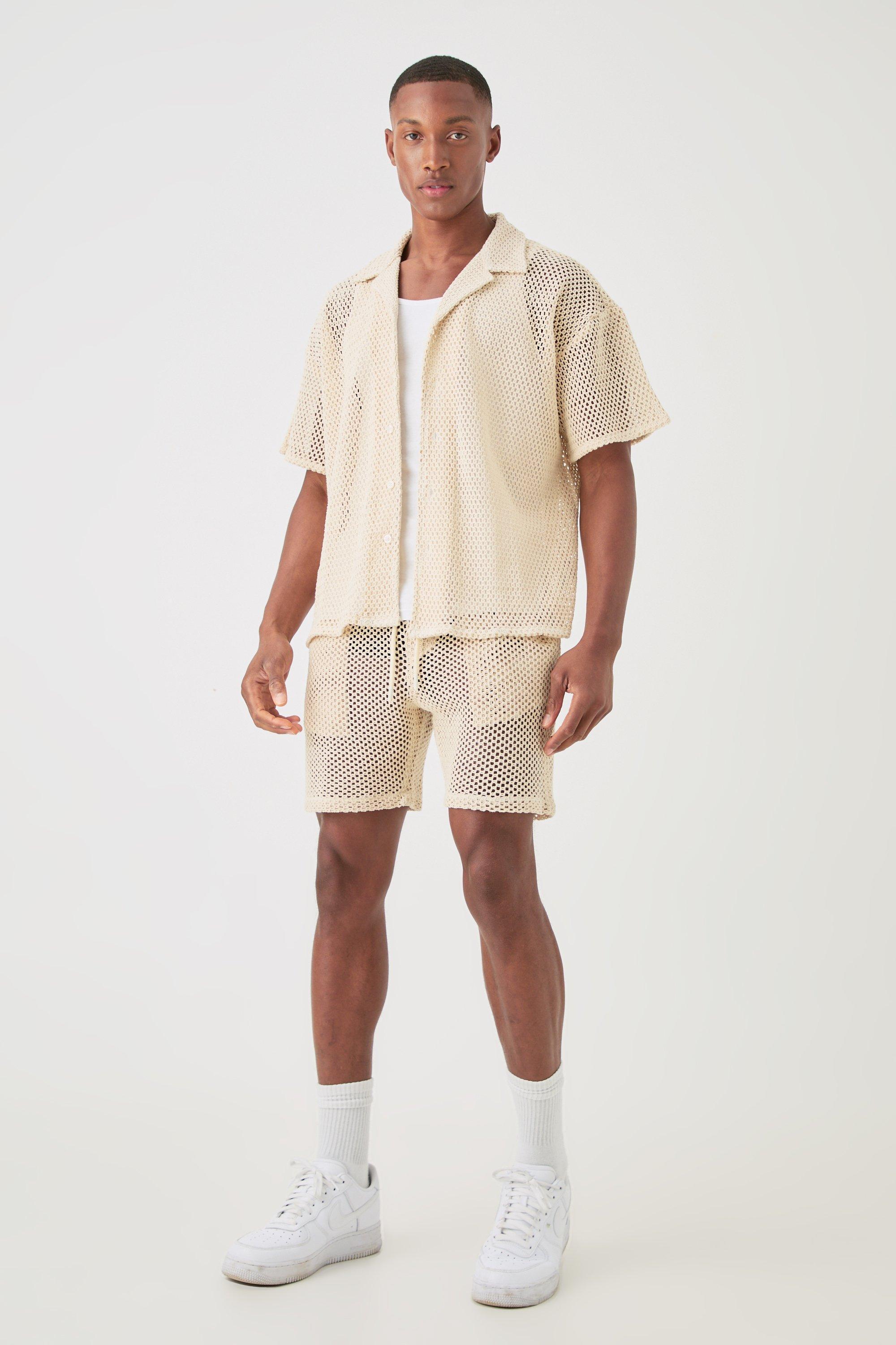 Mens Beige Boxy Open Stitch Shirt & Short Set, Beige Product Image