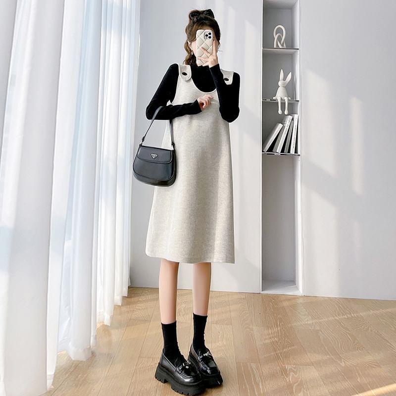 Maternity Long-Sleeve Mock Neck Plain Knit Top / Sleeveless Scoop Neck Pinafore Dress Product Image