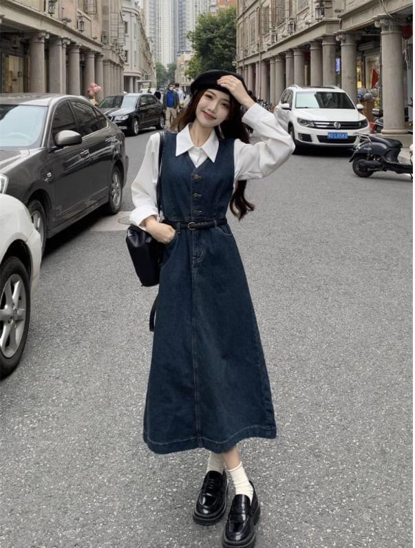 Long Sleeve Collared Plain Shirt / V-Neck Washed Button Midi A-Line Denim Pinafore Dress / Set Product Image