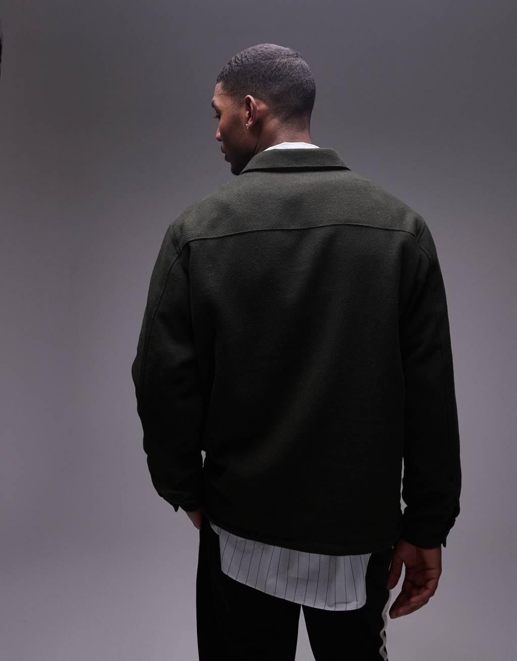 Topman long sleeve brushed cord overshirt in dark green Product Image