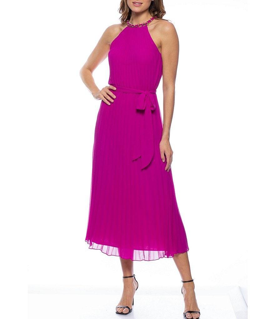 Marina Sleeveless Halter Neck Tie Waist Pleated Chiffon A-Line Midi Dress Product Image