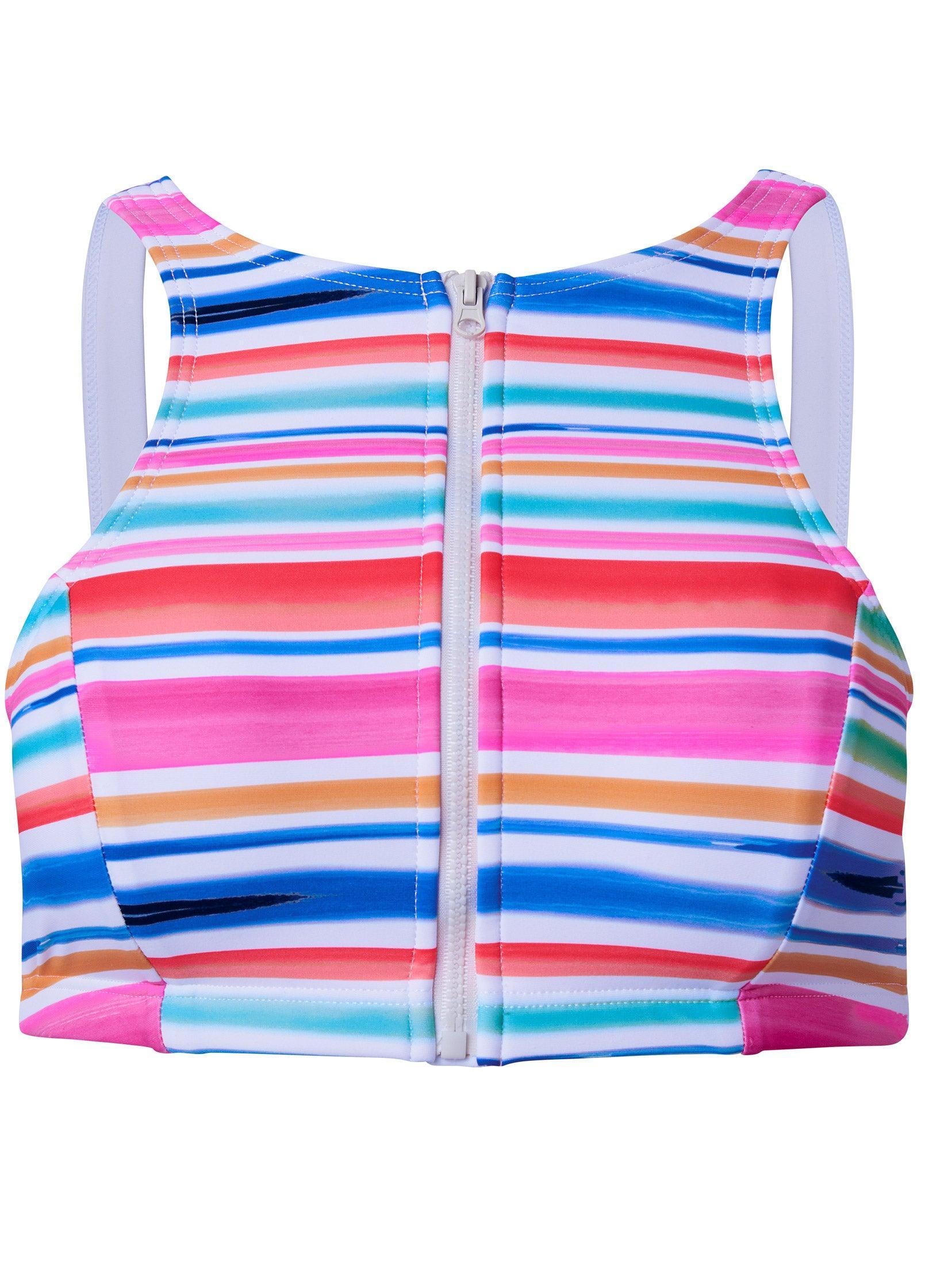 High-Neck Zip-Up Bikini Top - Rainbow Stripes Product Image