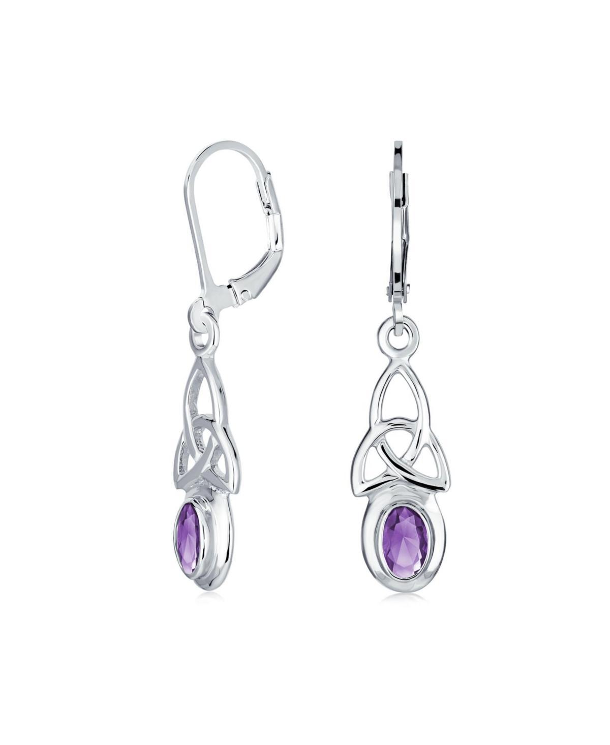 Bling Jewelry Irish Love Knot Oval Bezel Set Purple Natural Amethyst Dangle Celtic Knot Earrings For Women Sterling Silver Lever Back - Purple amethys Product Image