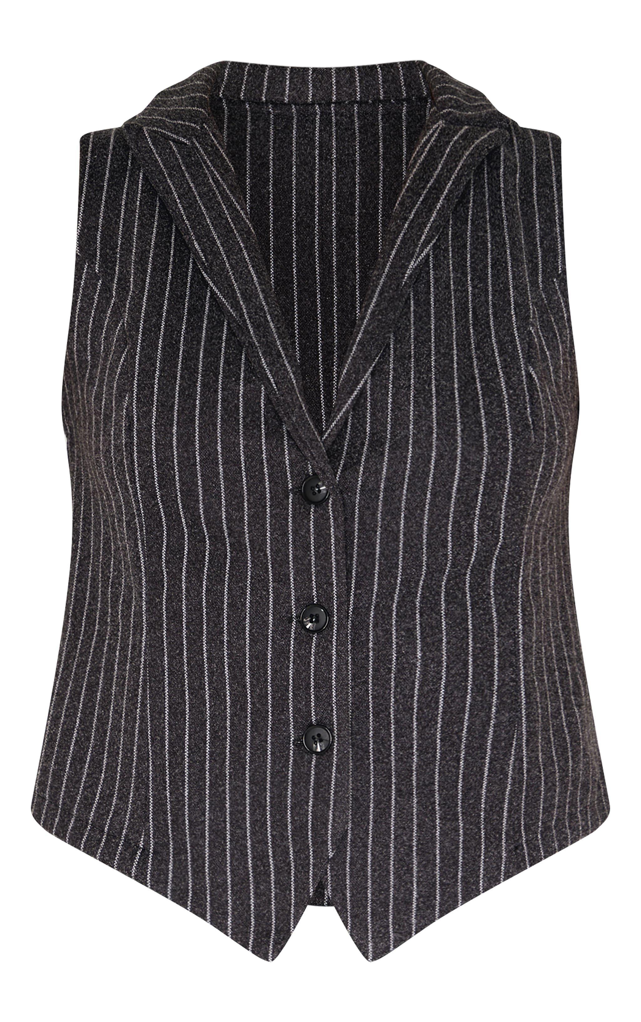  Charcoal Pinstripe Wool Look Collar Vest Product Image