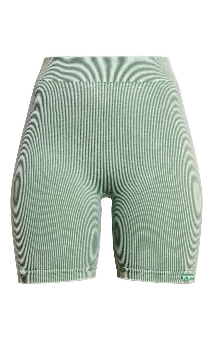 Khaki Acid Wash Seamless Rib Ruched Bum Booty Shorts Product Image