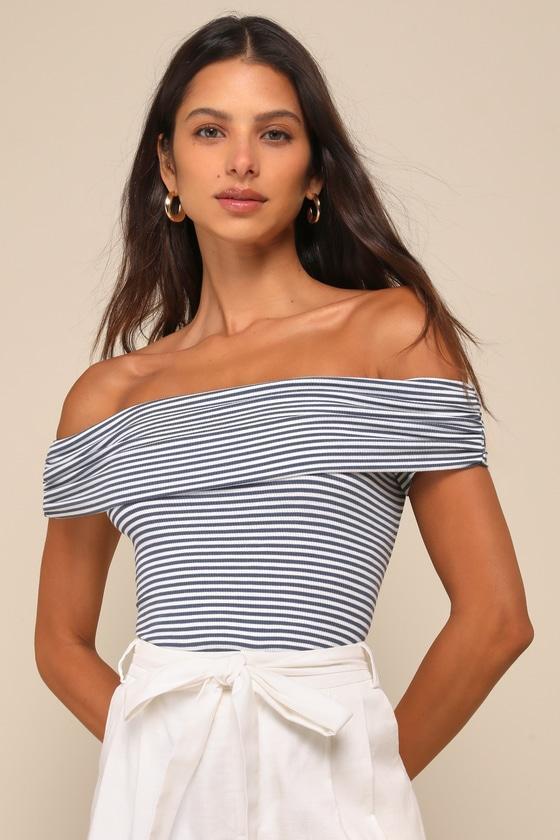 Inspired Sweetie Blue Striped Ribbed Off-the-Shoulder Top product image