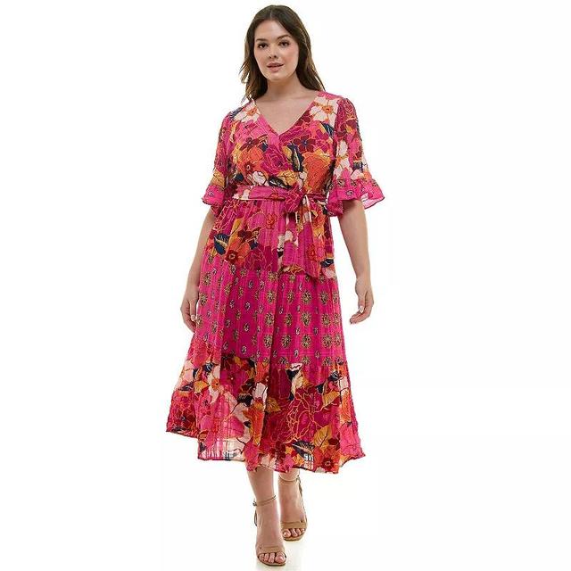 Plus Size Figueroa & Flower Printed V-Neck Tiered Maxi Dress, Womens Pink Gold Product Image