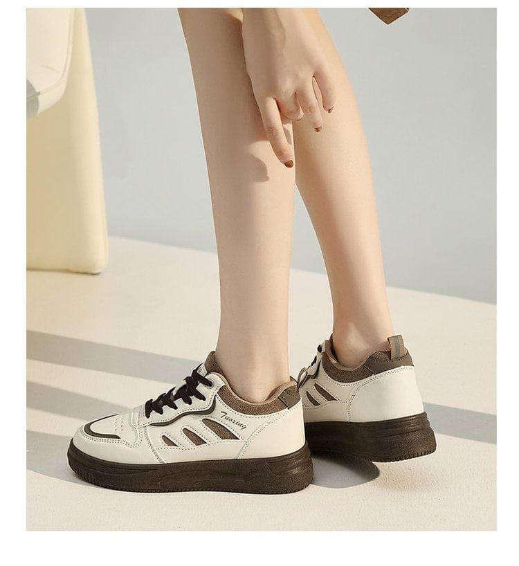 Platform Two Tone Lace-Up Faux Leather Sneakers Product Image