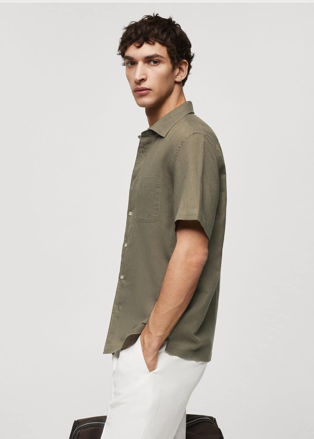 MANGO MAN - Regular-fit linen short-sleeved shirt khakiMen Product Image