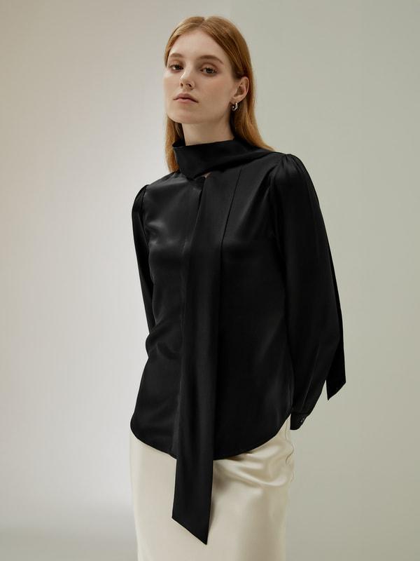 Women Bow-tie Neck Silk Blouse Product Image