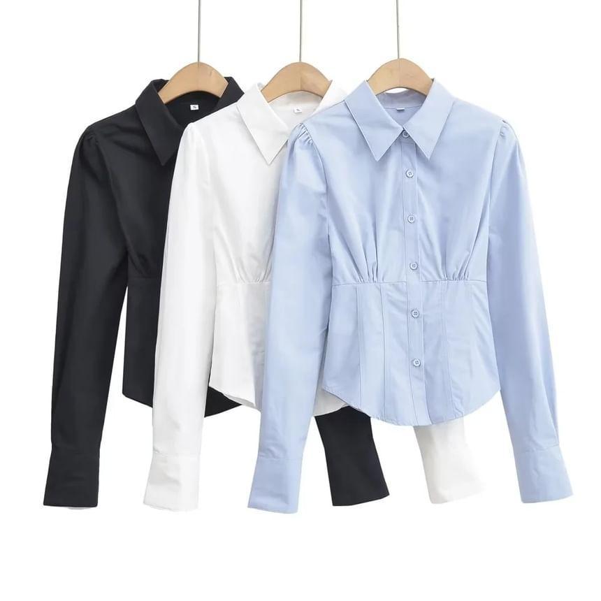 Long Sleeve Collar V-Neck Plain Slim-Fit Shirt Product Image