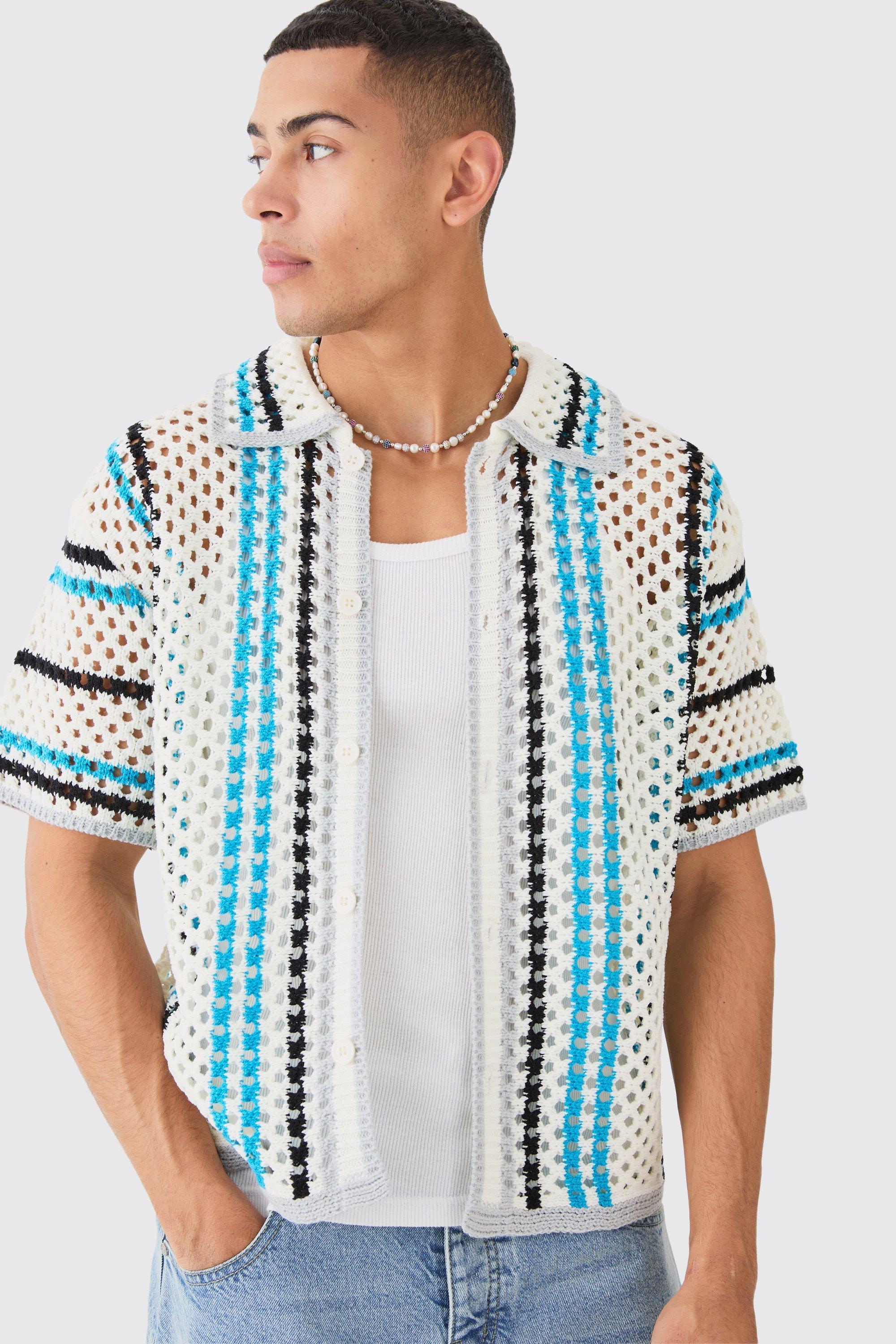 Oversized Boxy Open Knit Stripe Shirt | boohooMAN USA Product Image