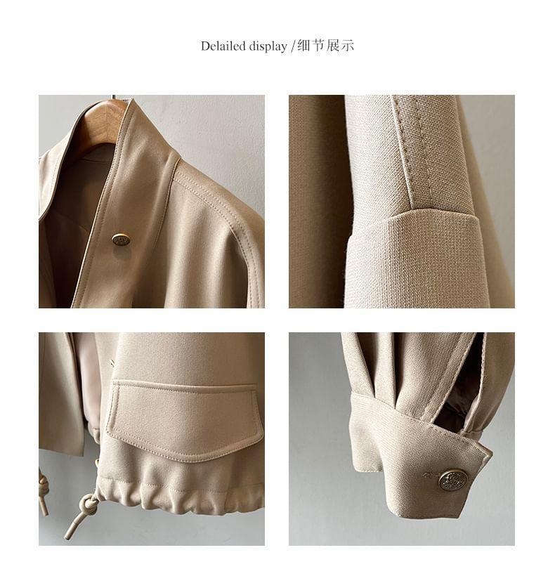 Stand Collar Plain Drawstring Hem Button Jacket Product Image