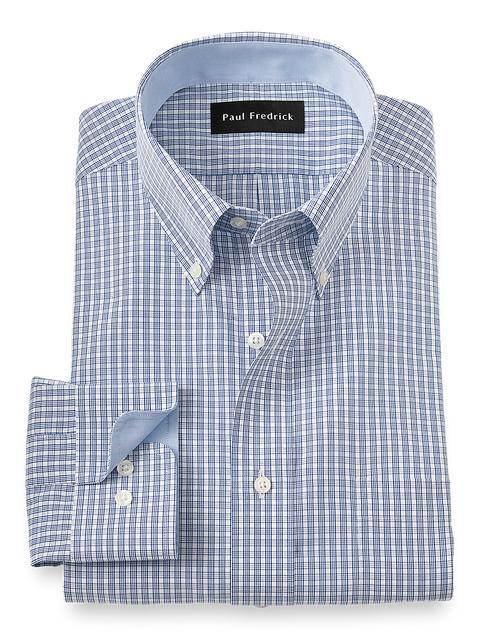 Non-Iron Cotton Plaid Dress Shirt With Contrast Trim - Blue Product Image