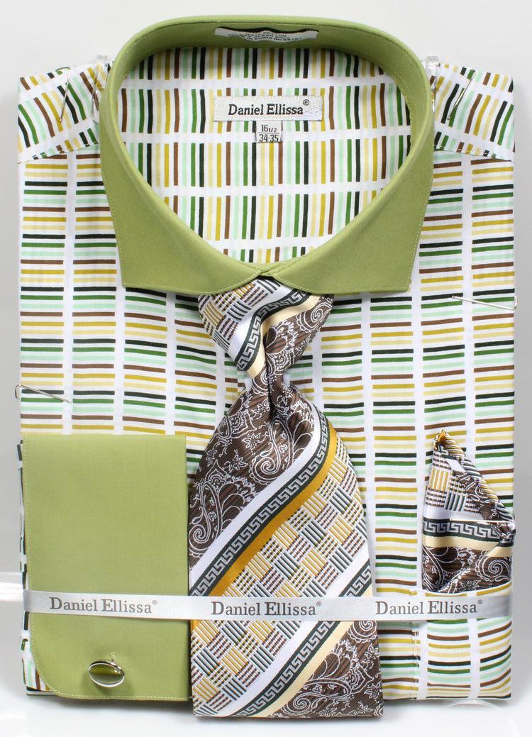 French Cuff Cotton Shirt in Green with Tie, Cuff Links and Pocket Square Product Image