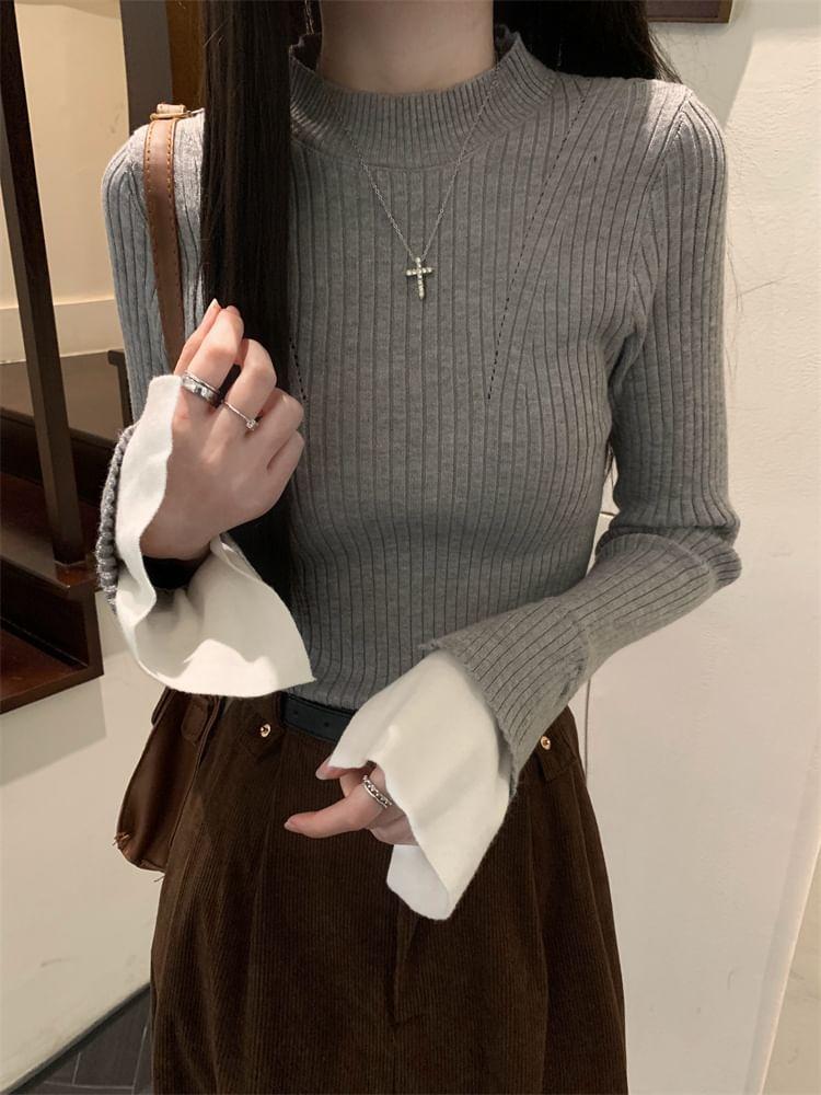 Long-Sleeve Mock Neck Plain Knit Top Product Image