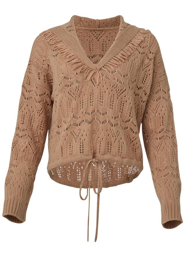 Fringe Pointelle Pullover  - Brown Product Image