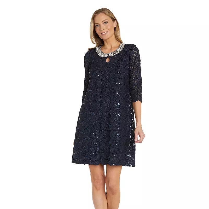 Womens R&M Richards Lace Beaded Neck Duster Jacket & Dress Set Blue Product Image