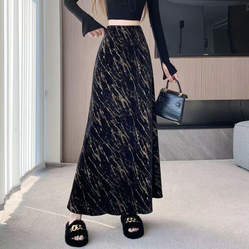 High Waist Tie Dye Velvet Maxi A-Line Skirt Product Image