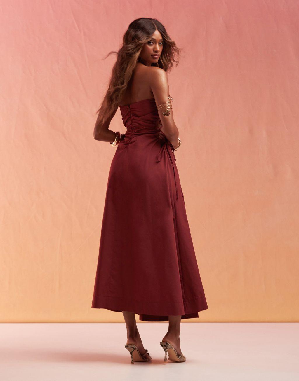 ASOS DESIGN bandeau midi dress with lattice detail waist in burgundy Product Image