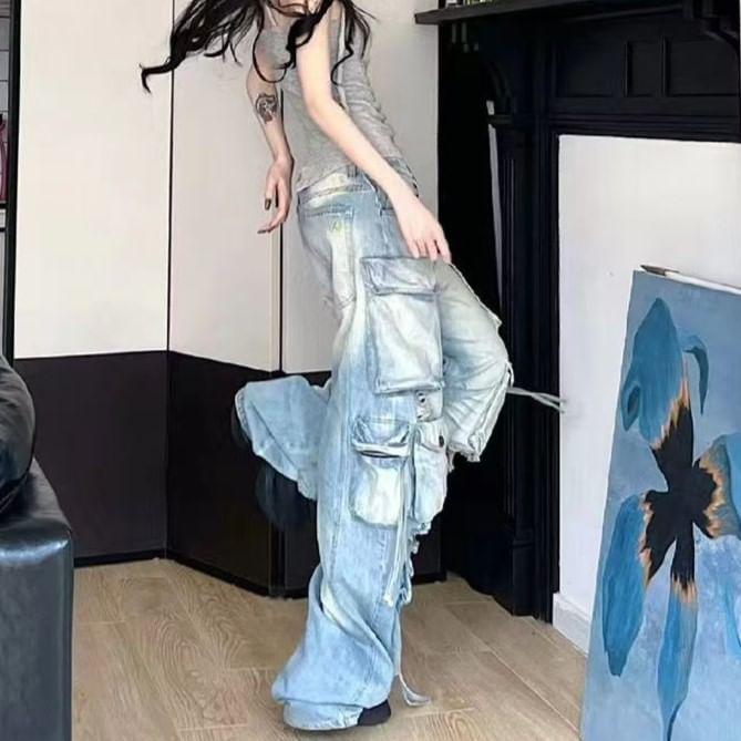 Low Waist Washed Ripped Wide Leg Cargo Jeans Product Image