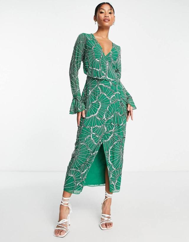 ASOS DESIGN embellished wrap midi dress with scallop design in green Product Image