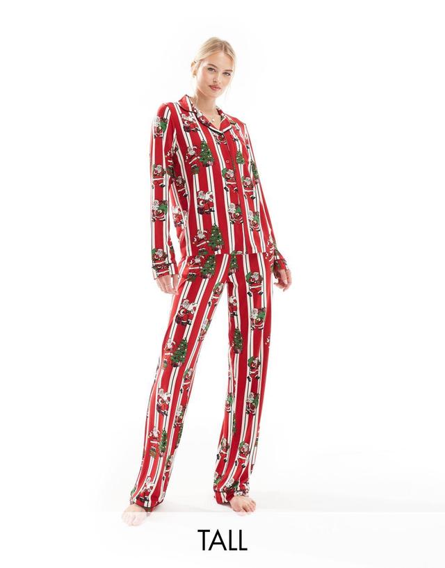 Chelsea Peers Tall poly Christmas His & Hers long sleeve revere and pants pajama set in vintage santa stripe print Product Image