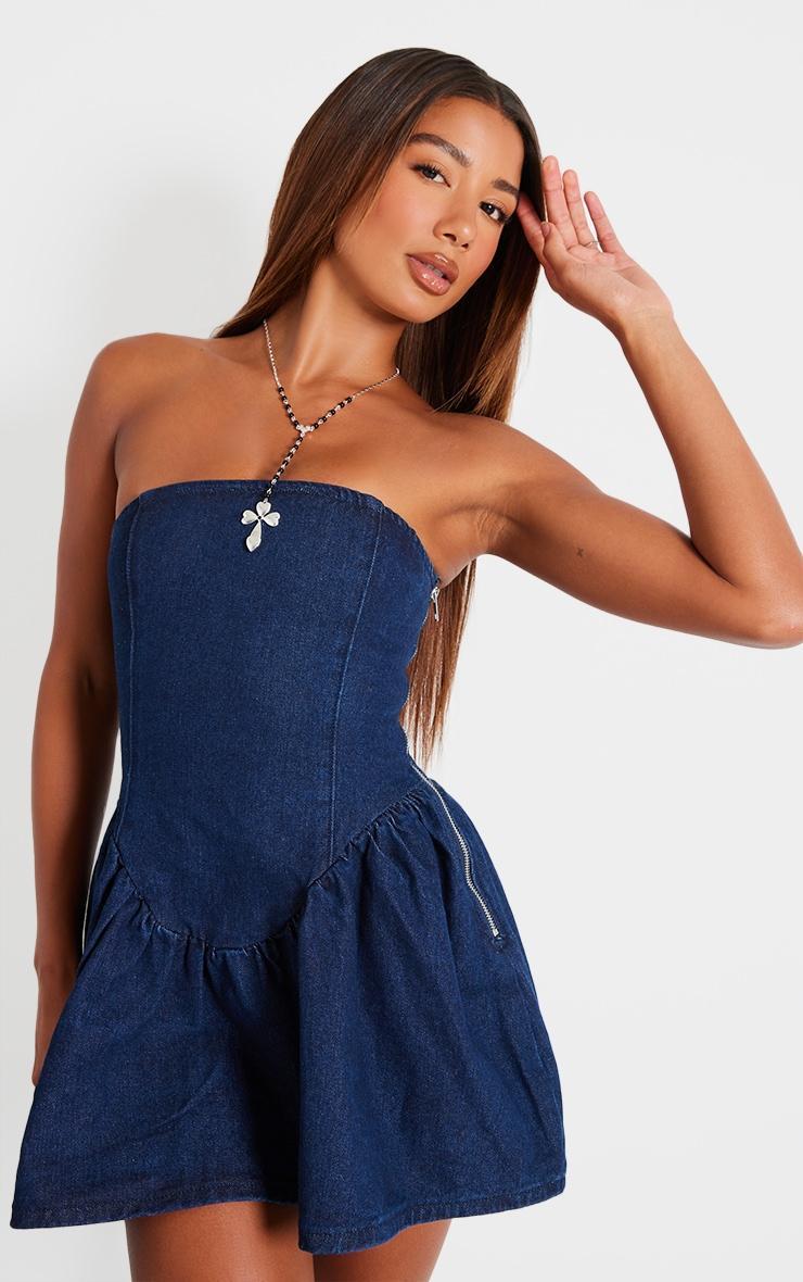 Indigo Lace Up Back Denim Puffball Dress Product Image