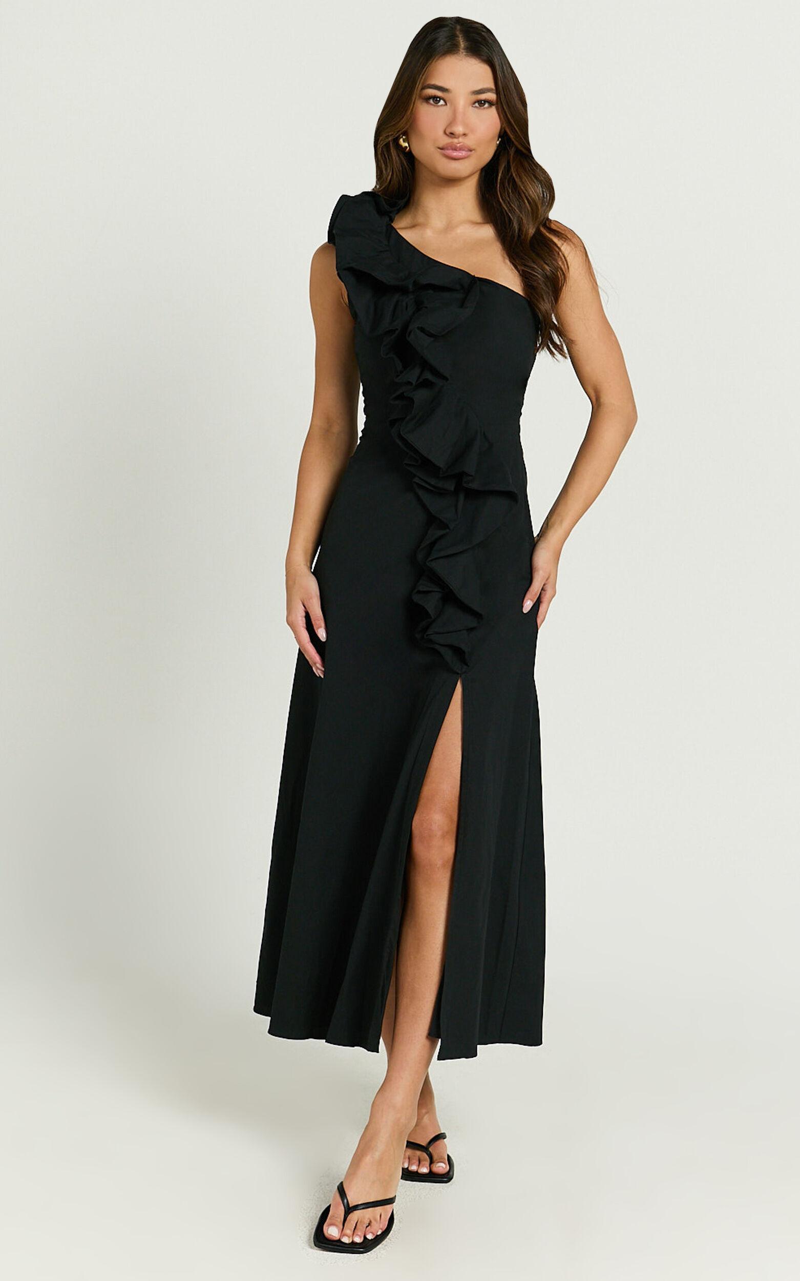 Rita Midi Dress - One Shoulder Ruffle Detail Dress in Black Product Image